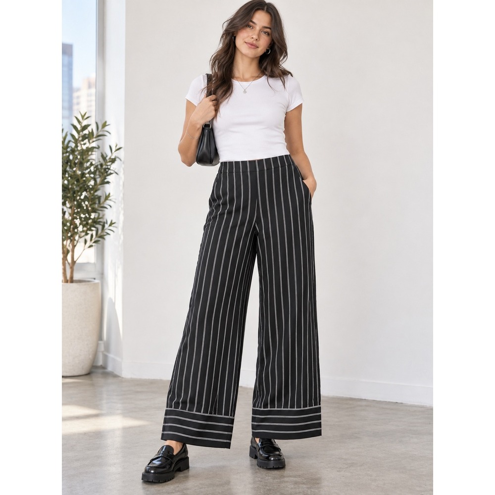 Loft Black Pinstripe Wide Leg Pants Elastic Back Small K99